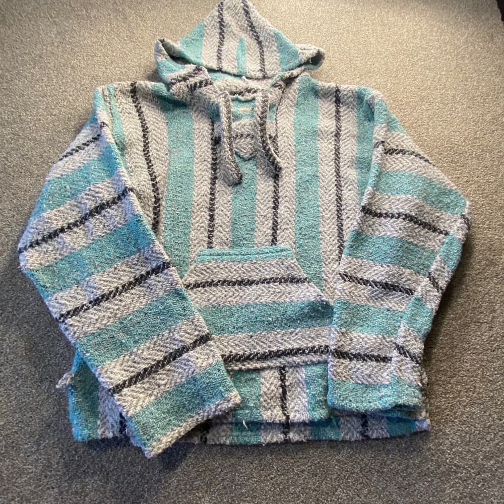 Earth Ragz‎ Baja Hoodie Mens XL Teal White Striped Drug Rug Mexican Poncho